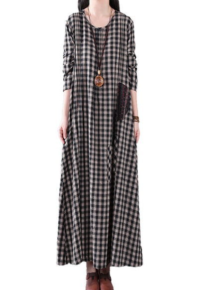 Black White Plaid a Line Long Dresses Spring