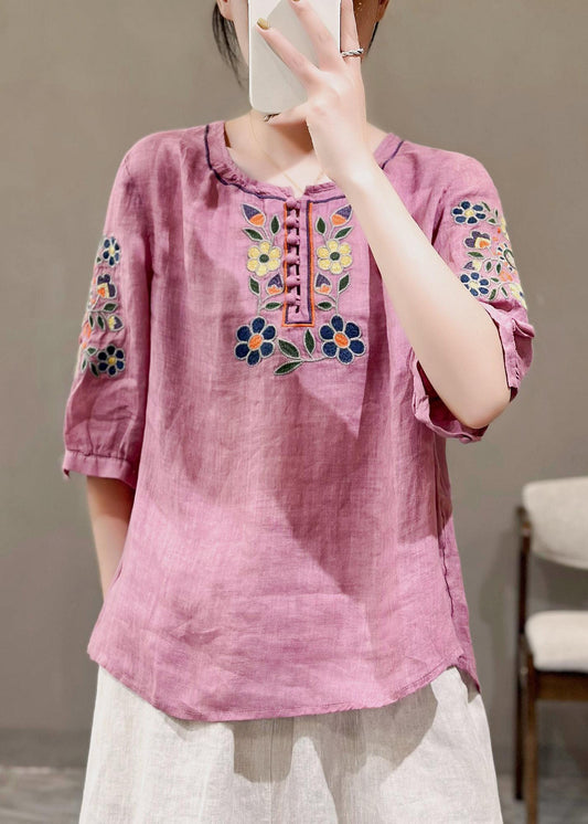 Style Rose O-neck Embroideried Linen Shirt Tops Summer
