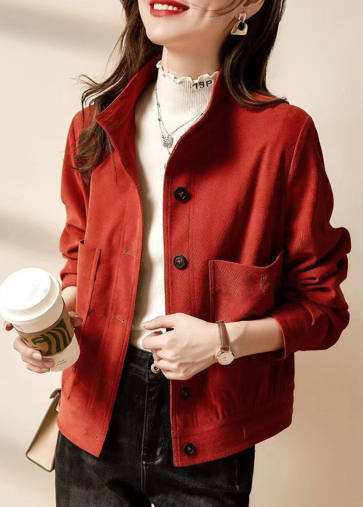 Red Button Pockets Patchwork Cotton Coats Long Sleeve