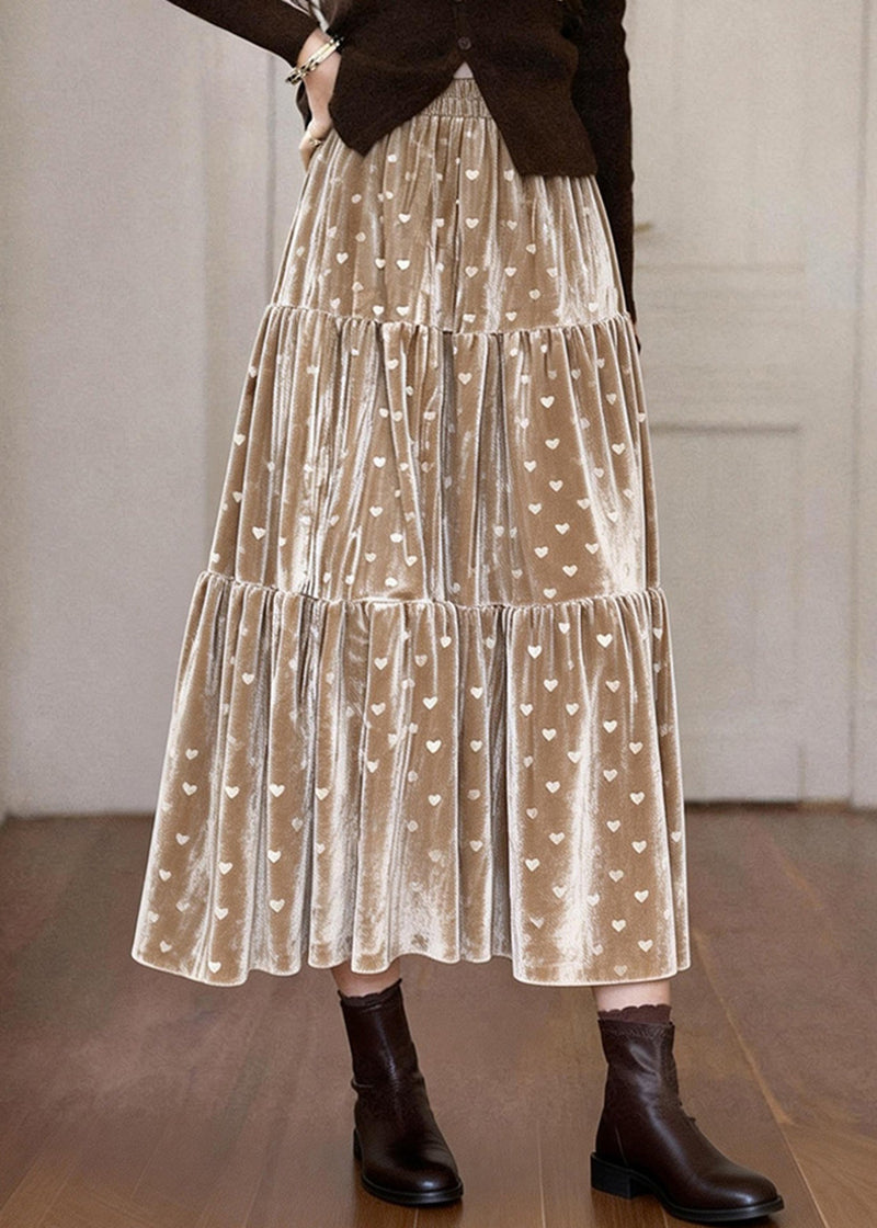 Khaki Love Print Patchwork Silk Velvet Skirts Spring