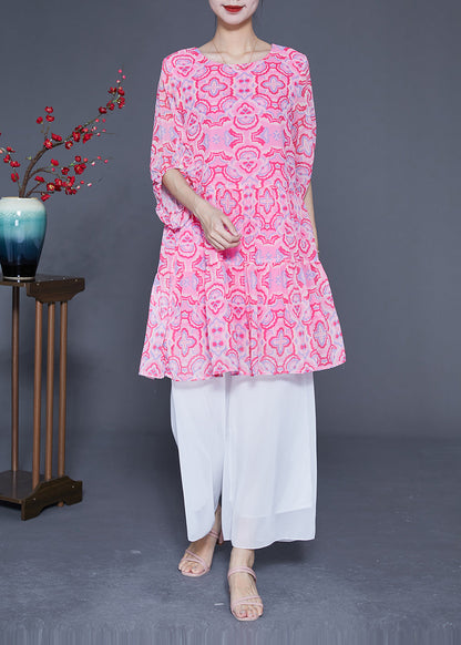 Pink Print Patchwork Wrinkled Silk a Line Dress Lantern Sleeve