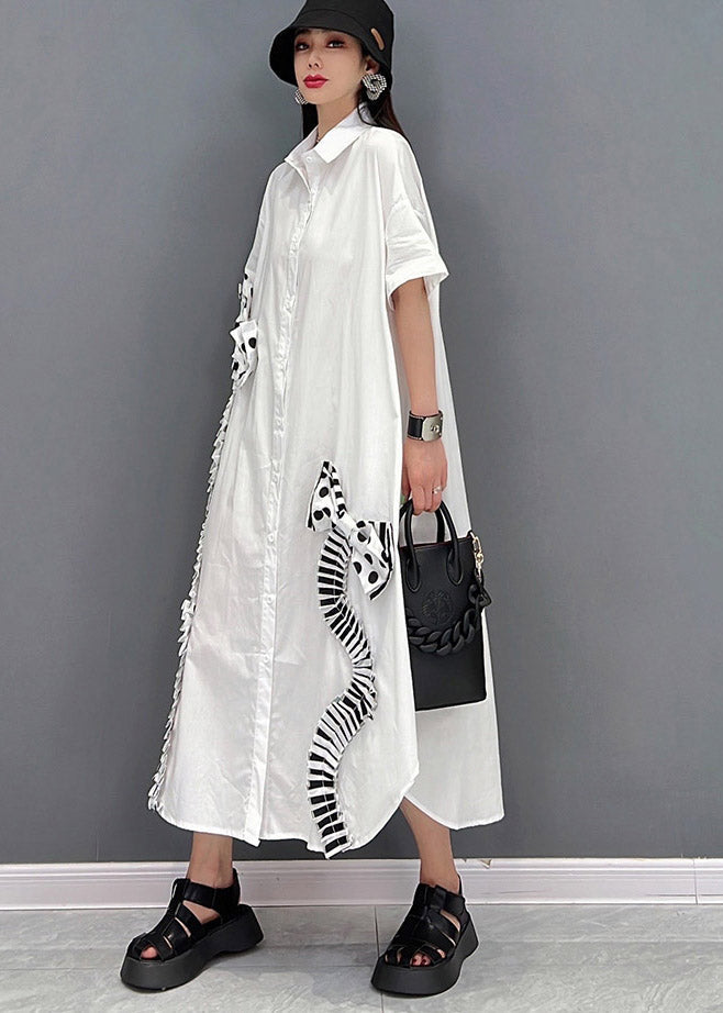 Modern White Peter Pan Collar Asymmetrical Bow Button Party Dress Short Sleeve