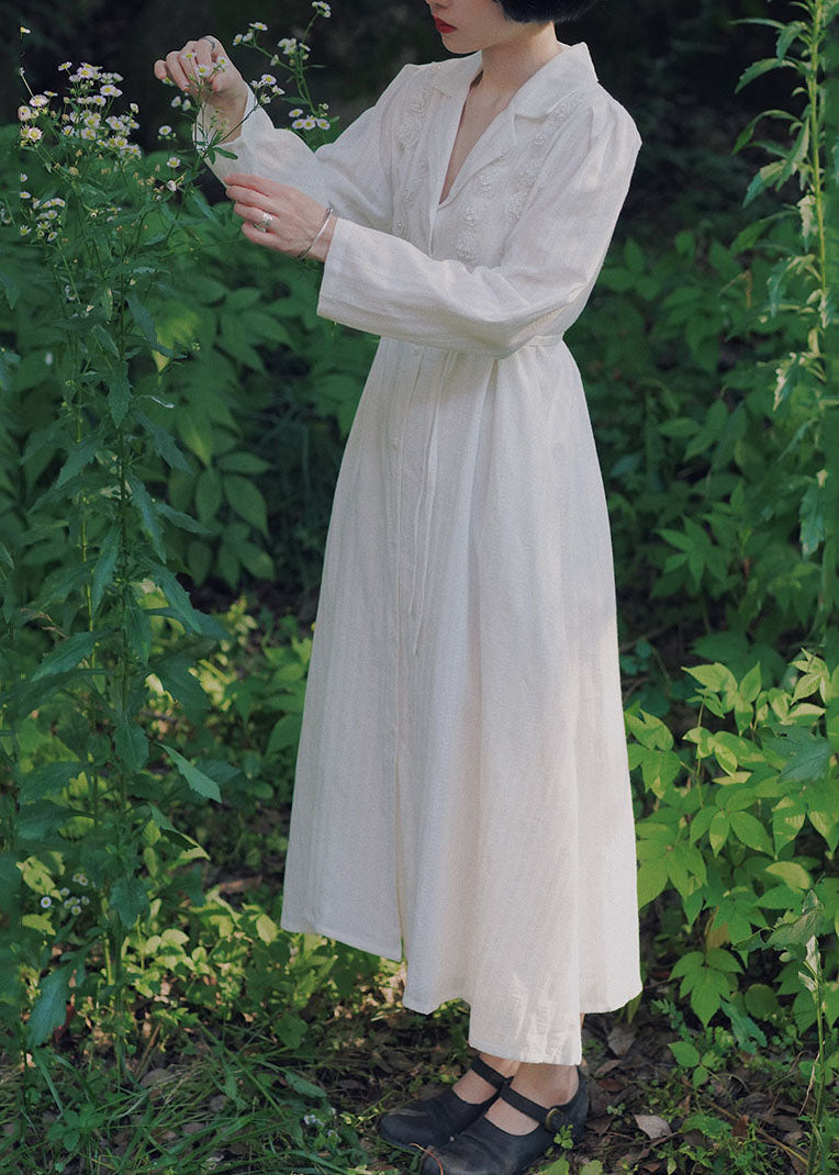 White Peter Pan Collar Tie Waist Cotton Dress Fall