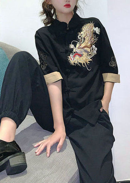 Black Button Stand Collar Embroideried Cotton Tops Half Sleeve