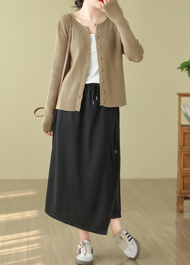 Black Asymmetrical Drawstring Cotton a Line Skirt Spring