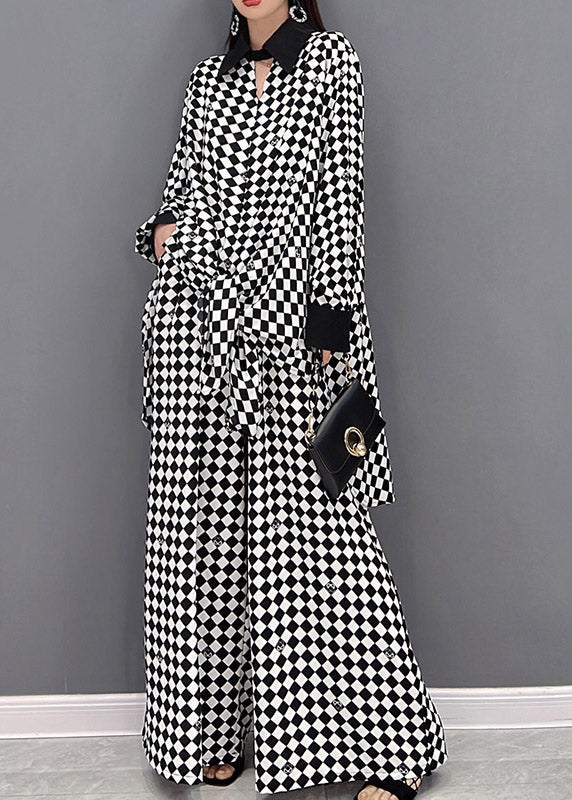 Modern Light Grey Peter Pan Collar Patchwork Chiffon Shirts and Wide Leg Pants Two Piece Suit Set Long Sleeve