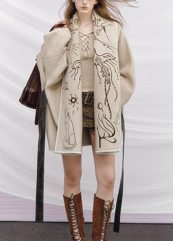 Beige Embroidered Tie Waist Woolen Coats Winter