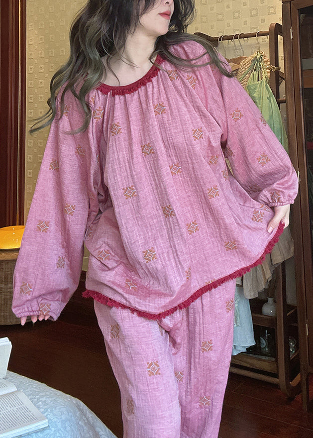 Loose Purple O Neck Print T Shirt and Pants Cotton Pajamas Two Piece Set Fall