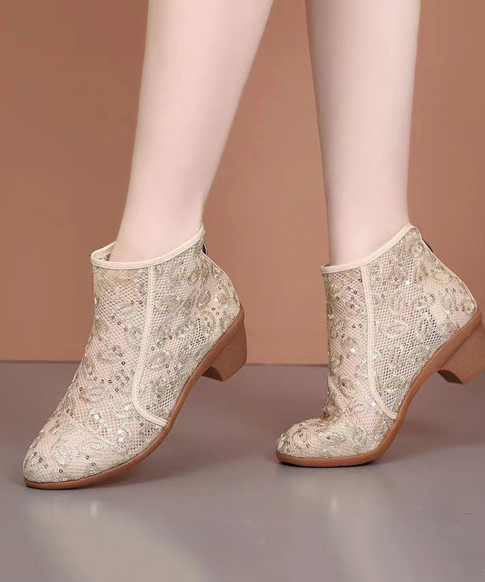 Beige Splicing Zipper Chunky Ankle Boots