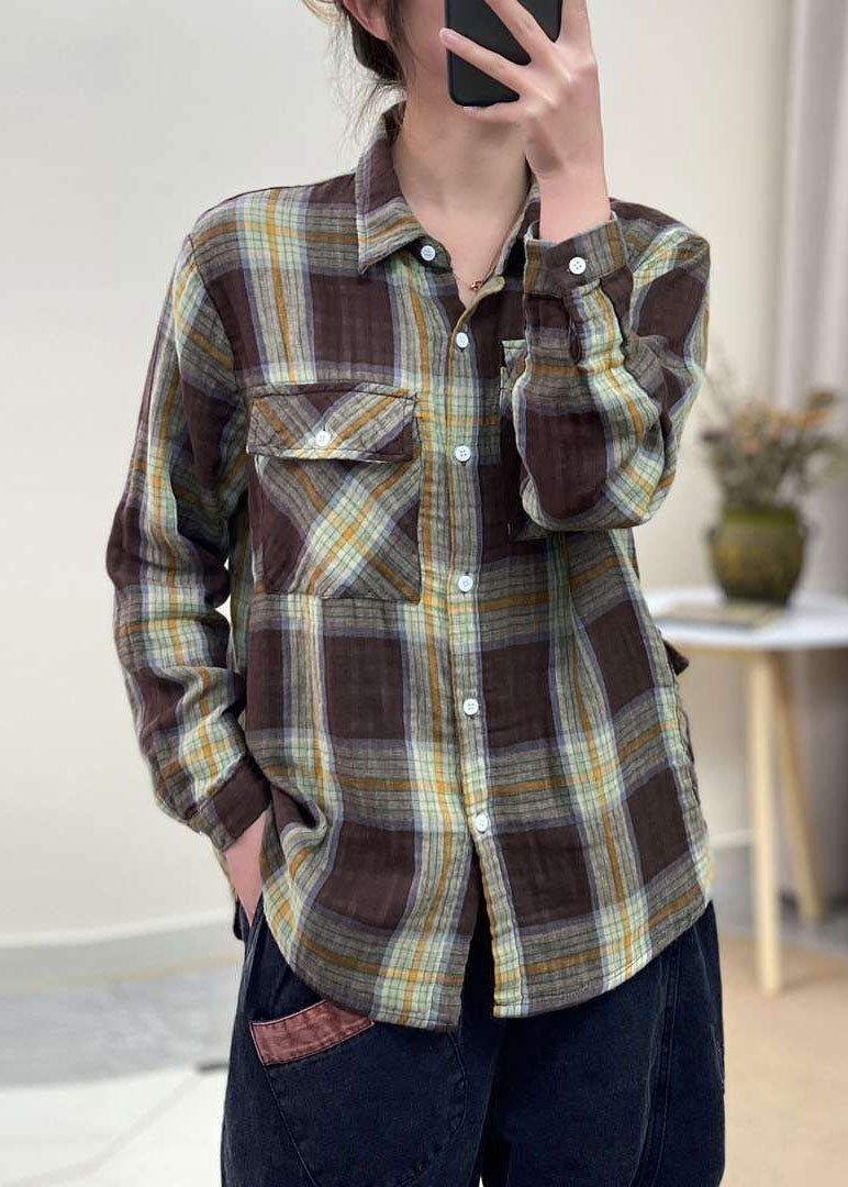 Green Button Peter Pan Collar Plaid Cotton Shirt Tops Spring
