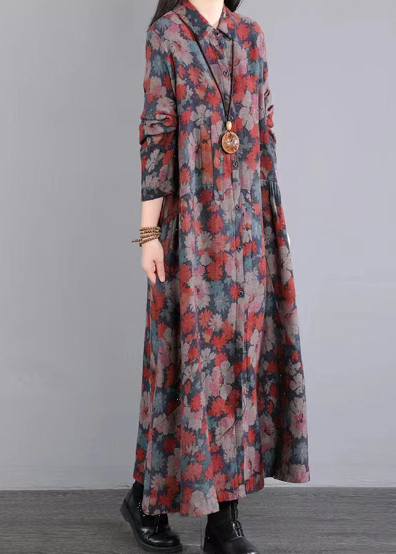 Red Print Peter Pan Collar Pockets Patchwork Cotton Dresses Fall