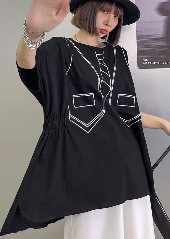 Loose Black Print Low High Design Tops Summer