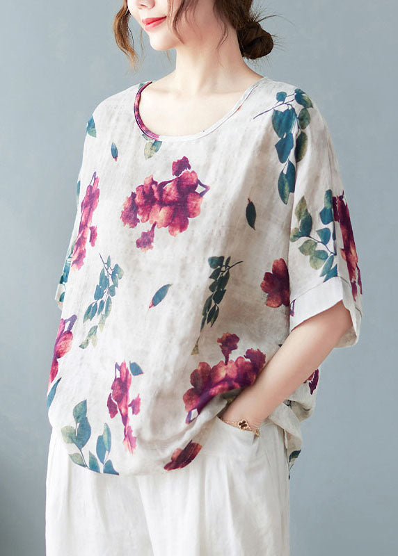 White Print Cotton Tanks O-neck Low High Design Short Sleeve