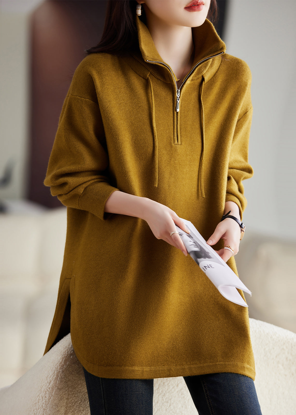 Yellow Zip Up Patchwork Knit Sweatshirt Top Fall