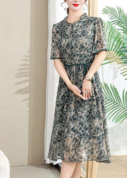 Yellow Ruffled Print Lace Up Chiffon Dresses Summer