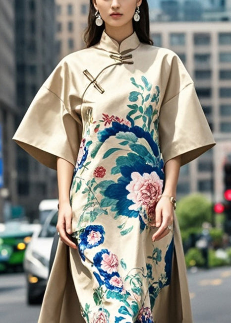 Original Design Khaki Mandarin Collar Print Silk a Line Dress Fall