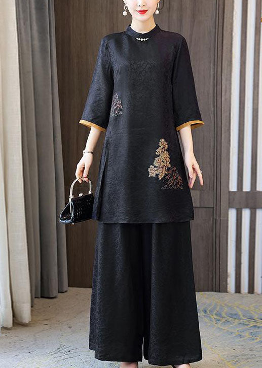 Black Stand Collar Embroideried Silk Tops and Pants Outfit Summer