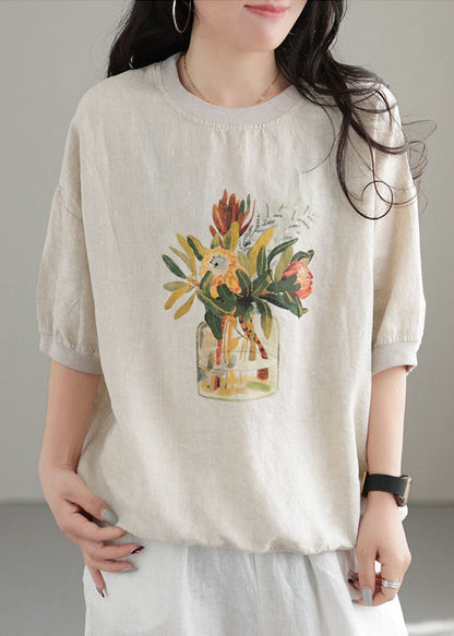 White Print Linen Sweatshirts Top O-neck Oversized Short Sleeve