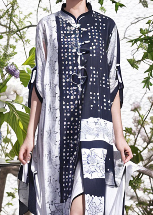 Loose Navy Stand Collar Print Button Silk Shirts Dress Summer