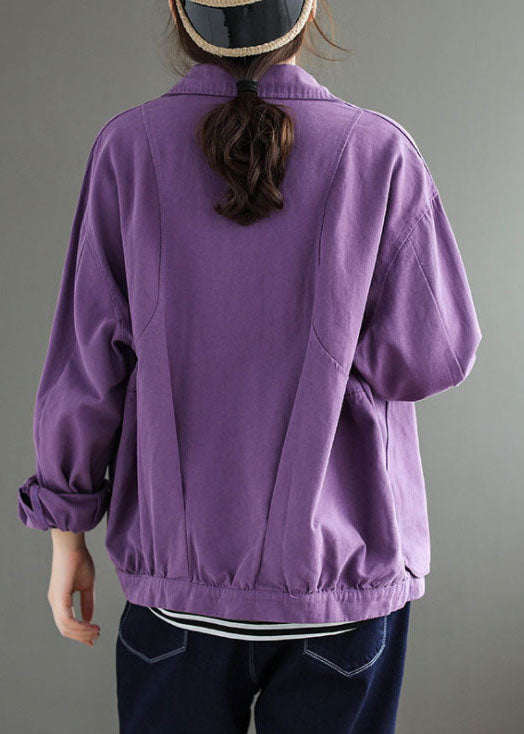 Purple Pockets Patchwork Coats Long Sleeve