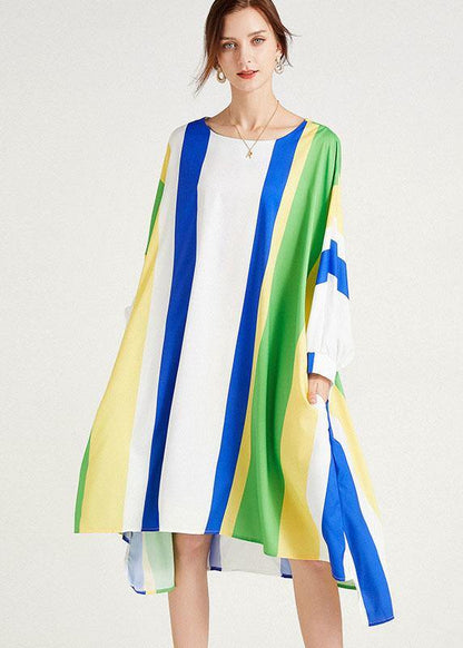 Diy Blue Striped Loose Bat Wing Sleeve Striped Summer Long Sleeve Dress
