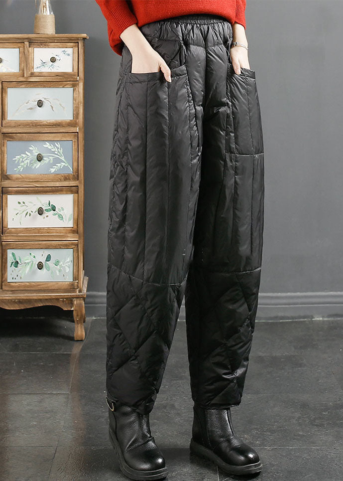 Black Pockets Patchwork Thick Duck Down Filled Pants