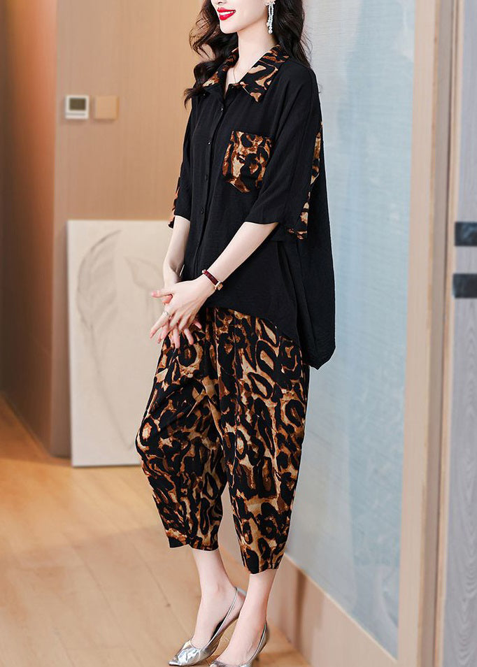 Leopard Button Pockets Chiffon Sets 2 Pieces Half Sleeve