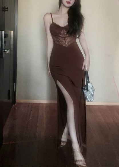 Brown Side Open Maxi Spaghetti Strapdresses Sleeveless