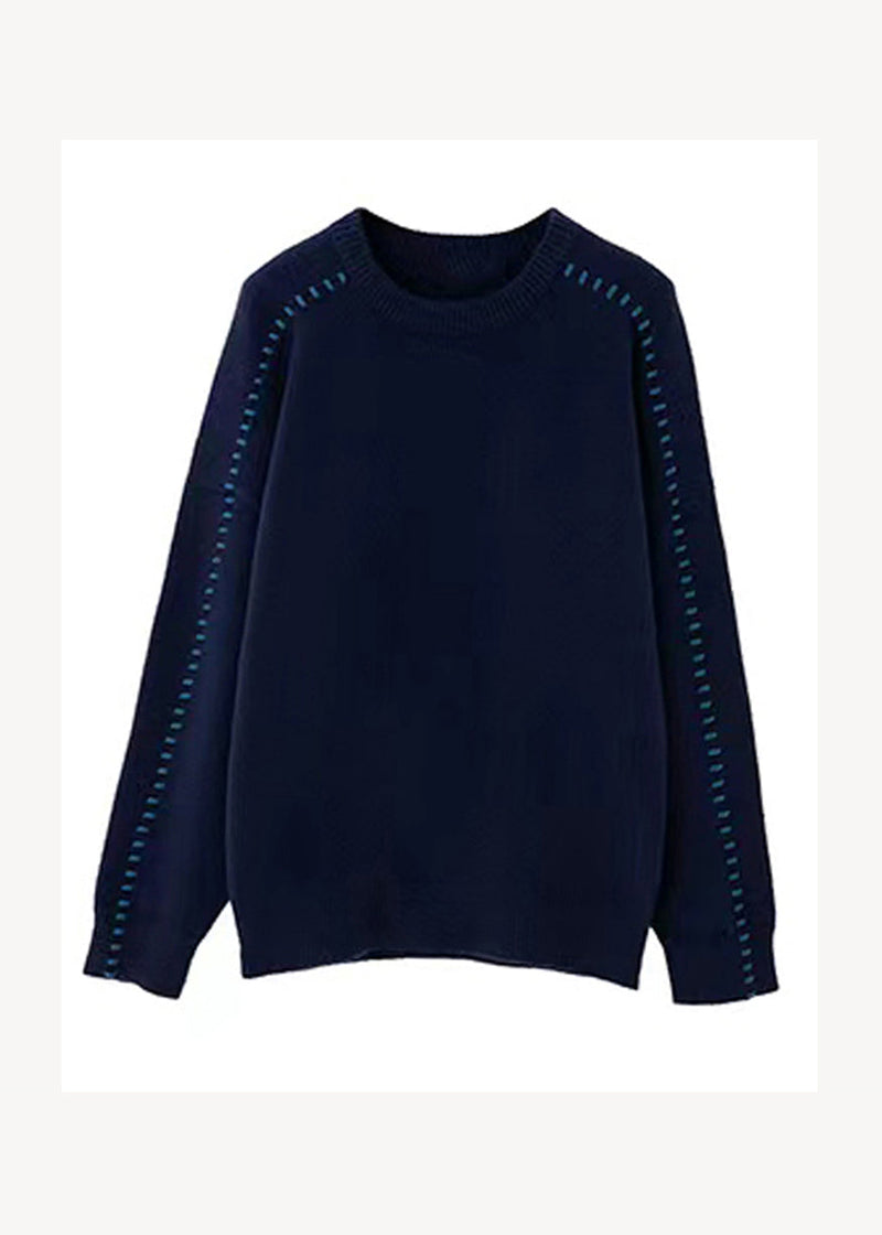 Italian Navy O-neck Thick Patchwork Woolen Sweater Tops Fall