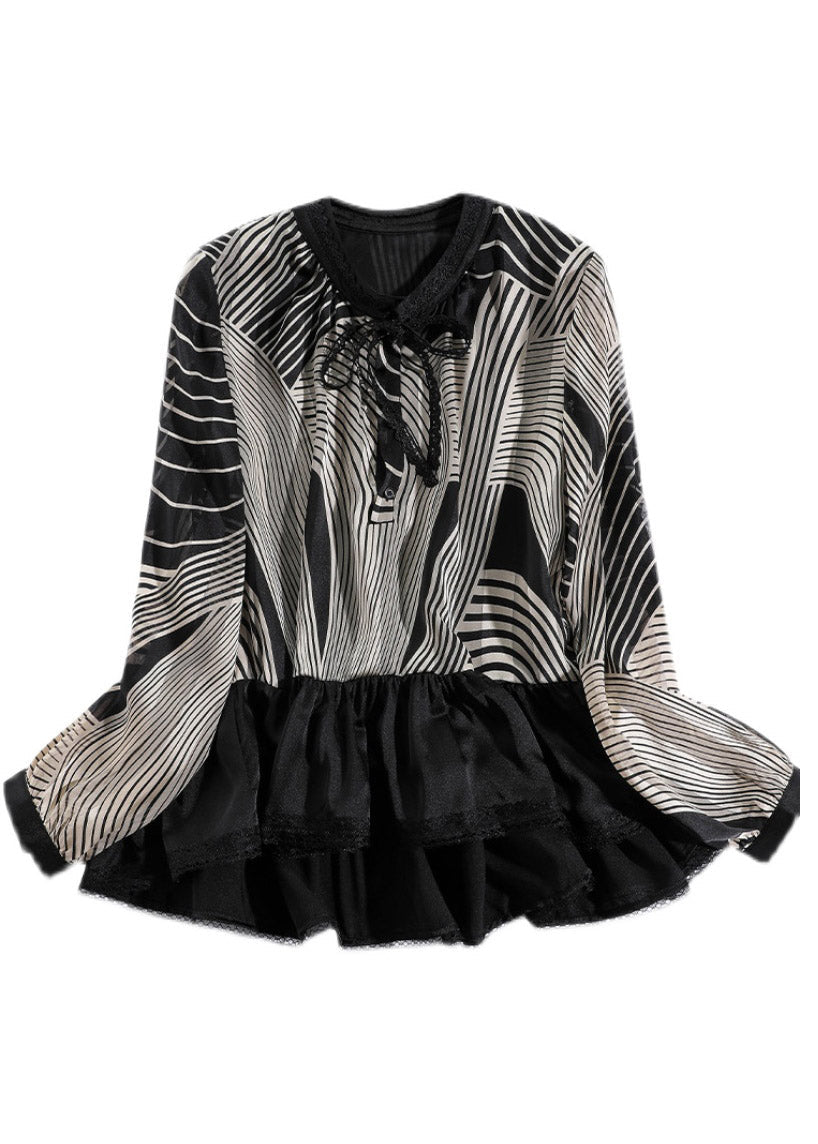 Ruffles Striped Patchwork Chiffon Shirt Tops Long Sleeve