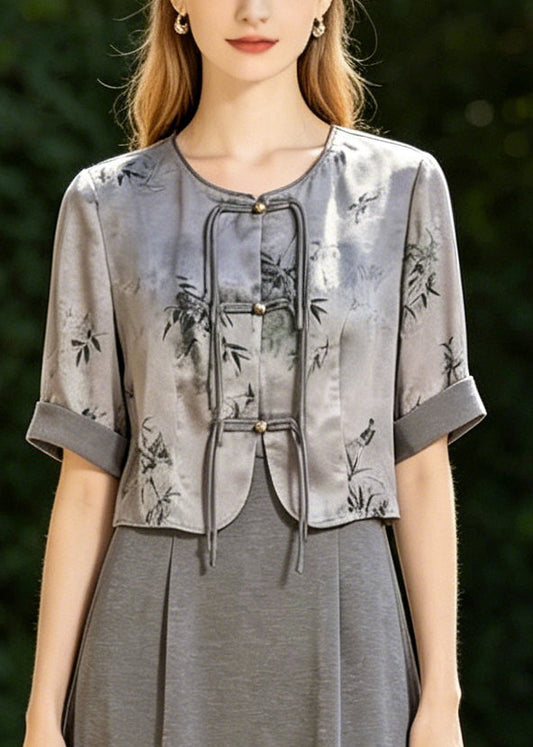 Fine Grey Tasseled Print Silk Oriental Dresses Two Piece Set Summer