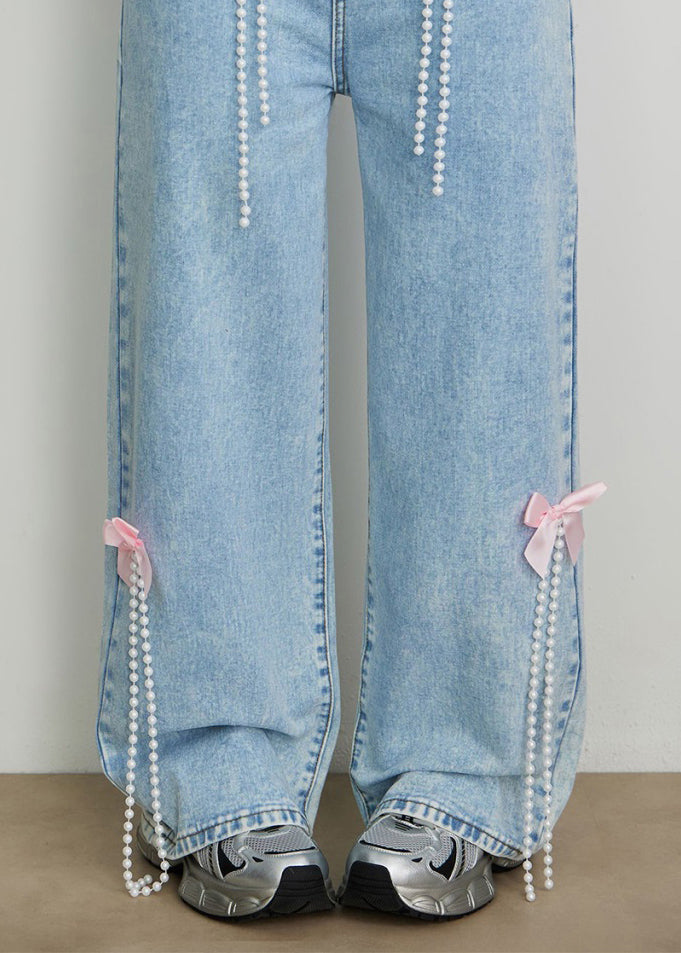 Blue High Waist Bow Pearl Tassel Wide Leg Jeans