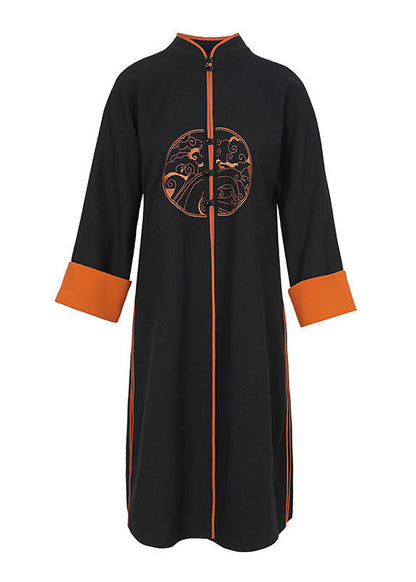 Black Stand Collar Embroideried Patchwork Cotton Two Piece Set Outfits Fall