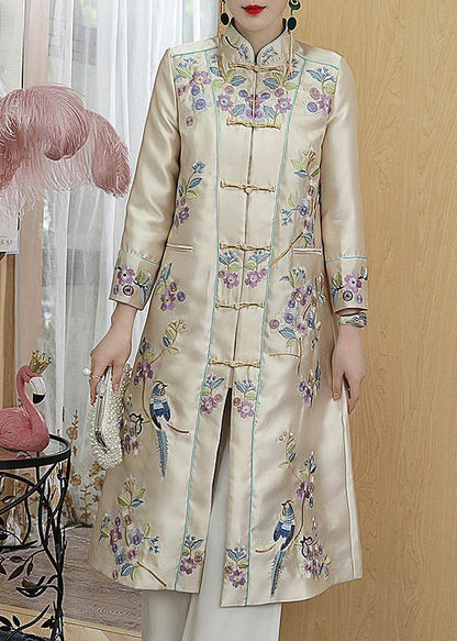 Vogue Champagne Stand Collar Printing Bird Button Pockets Satin Coats Long Sleeve