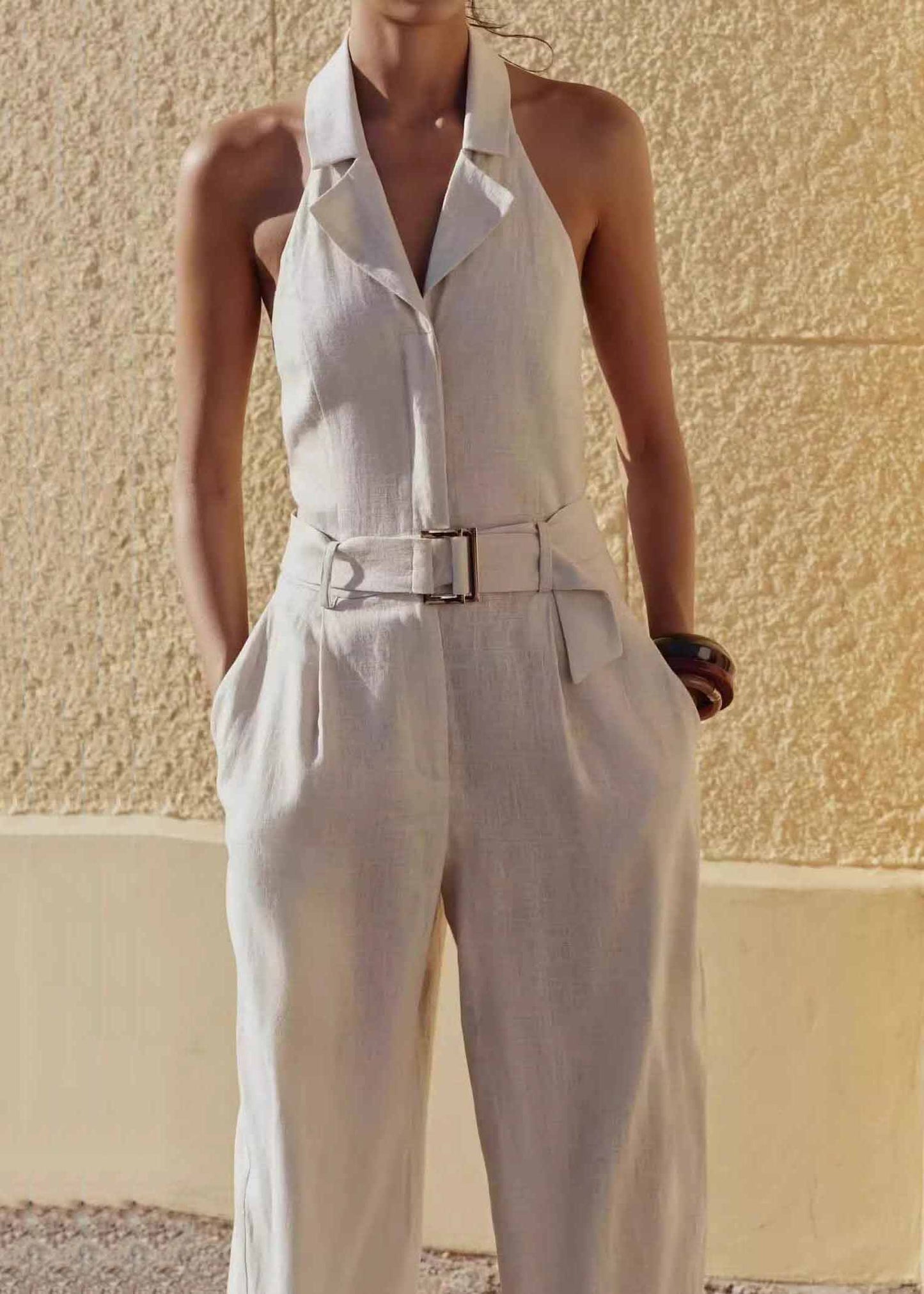 Beige Halter Pockets Cotton Jumpsuit Sleeveless