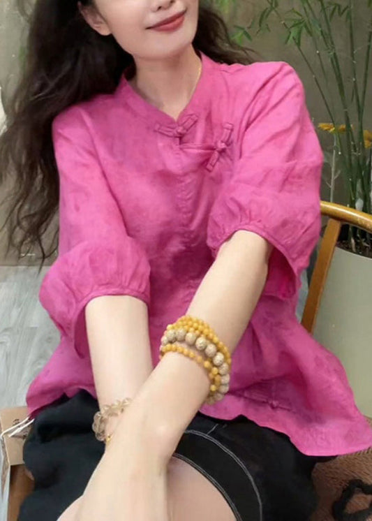 Rose Stand Collar Chinese Button Linen Tops Fall