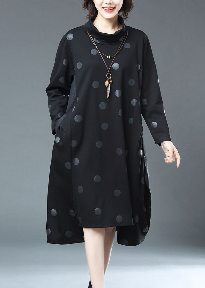 Black Dot Print Drawstring Patchwork Cotton Dresses Fall