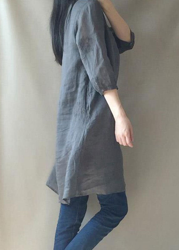 Grey V Neck Embroideried Button Linen Cheongsam Dress Half Sleeve