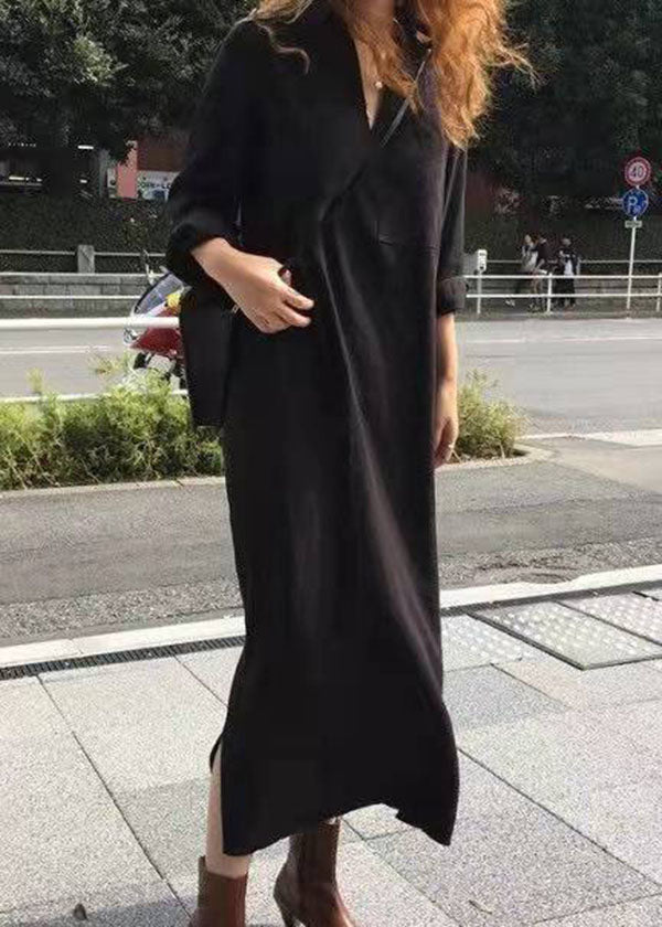 French Black Cinched Side Open Cotton Dresses Half Sleeve