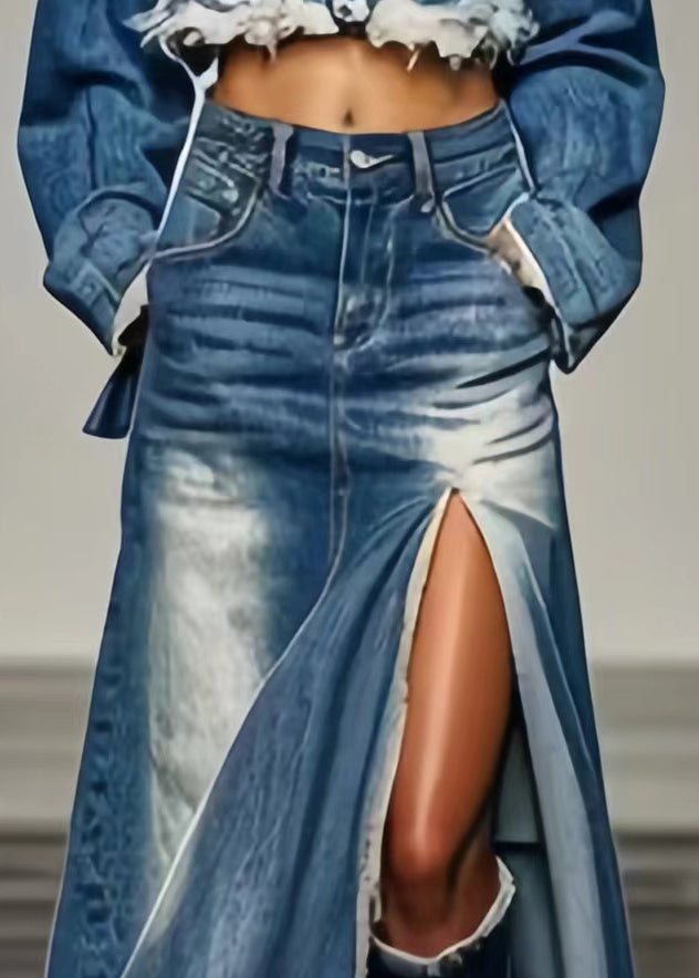 Blue Pockets Side Open a Line Skirts Summer