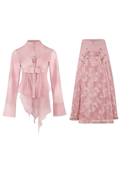 Pink Tulle Patchwork Shirts and Maxi Skirts Two Piece Set Long Sleeve