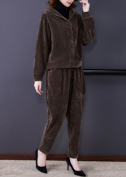 Coffee Patchwork Hooded Corduroy Coats and Harem Pants Two Pieces Set Fall