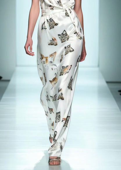 Silm Fit White Tie Waist Cat Print Silk Dress Sleeveless