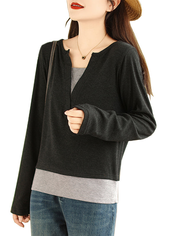Black Patchwork Versatile Cotton T Shirts V Neck False Two Pieces Fall