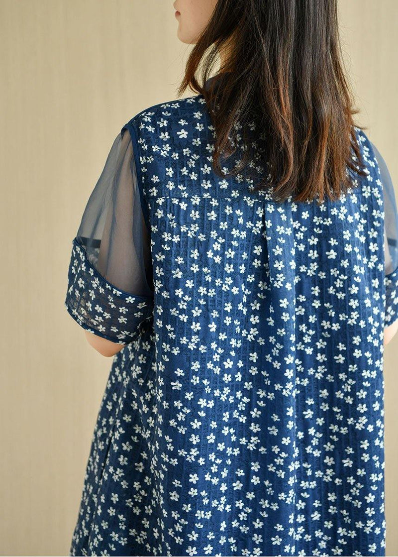 Modern Navy Peter Pan Collar Button Patchwork Tulle Summer Dresses Short Sleeve