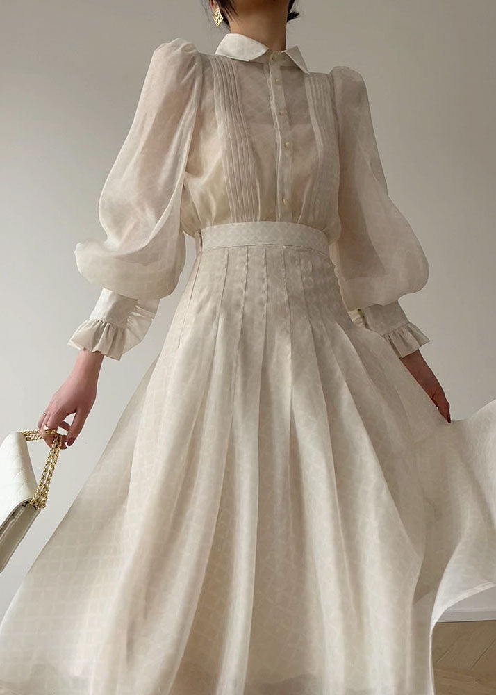 Boutique White Peter Pan Collar Wrinkled Silk Shirts and Skirts Two Pieces Set Lantern Sleeve