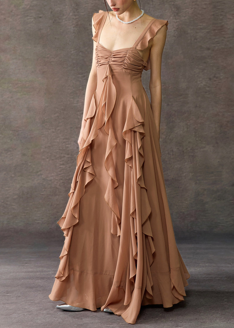 Coffee Square Collar Ruffled Cotton Long Dress Summer