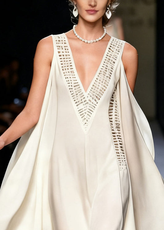 New White V Neck Hollow Out Chiffon Dress Sleeveless