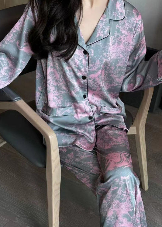 Pink Peter Pan Collar Button Ice Silk Pajamas Two Piece Set Spring