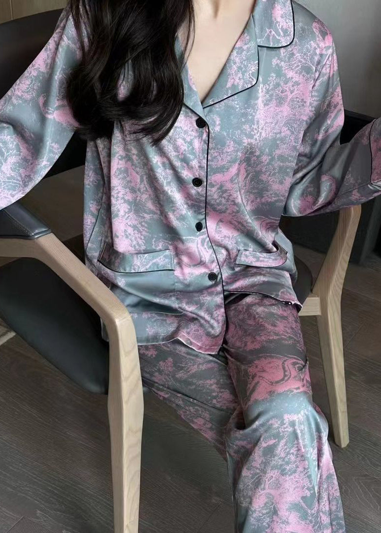 Pink Peter Pan Collar Button Ice Silk Pajamas Two Piece Set Spring
